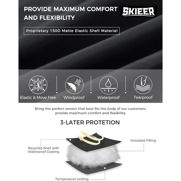 Women's Black Ski Jacket Waterproof Warm Snow Winter Coat with Removable Hood - Picture 5 of 6